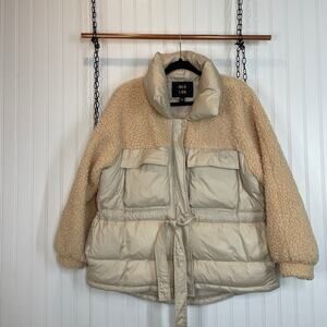 QED London Teddy Puffer Jacket Size 12 Beige Tie Waist Outdoor Warm